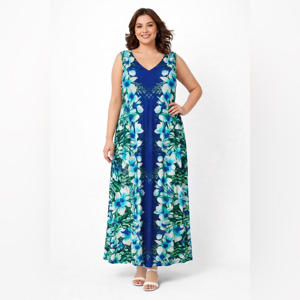 Apt. 9 Woman 1X Blue Tropical Floral Sleeveless Sundress Maxi Dress